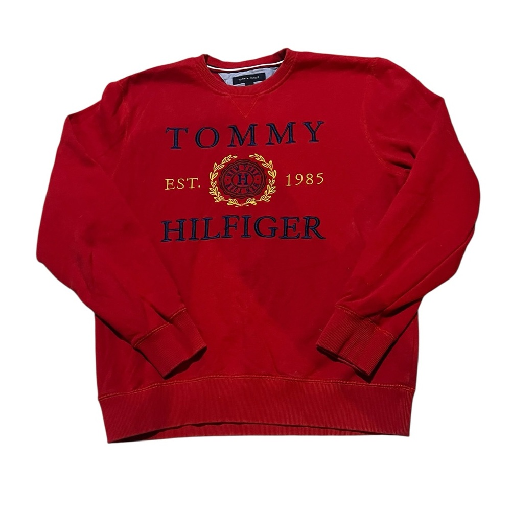 Tommy Hilfiger Sweatshirt Men L Red Sweater Jumper Embroidered Logo Y2K